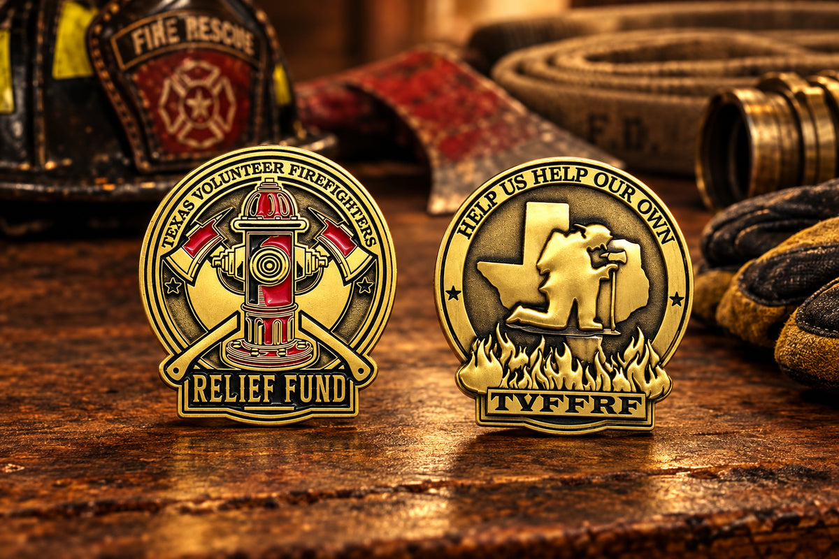 Circular bronze challenge coin for the Texas Volunteer Firefighters Relief Fund, displayed on a White background.