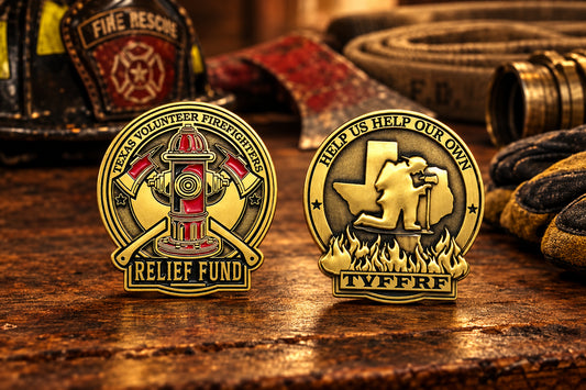 Circular bronze challenge coin for the Texas Volunteer Firefighters Relief Fund, displayed on a White background.