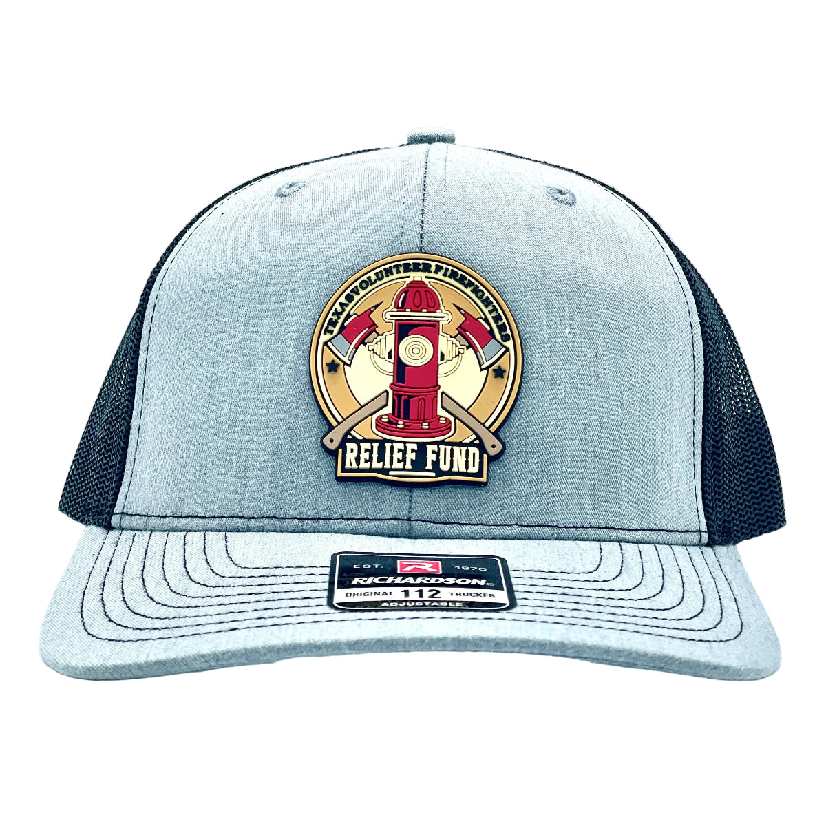 A light gray and black trucker hat featuring a circular front patch with a red fire hydrant and crossed axes labeled 'Texas Volunteer Firefighters Relief Fund'.