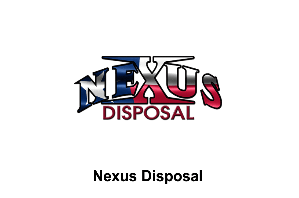 A black background with the words nexus disposal in red and blue.